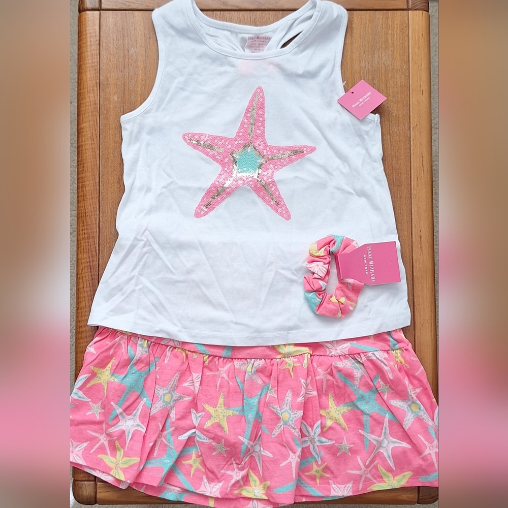 Starfish Skort Set 3 Piece Tropical Sequins Pink Bubble Hem Kids 10/12 NEW